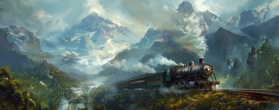 A steam locomotive chugging through a misty mountain pass, its whistle echoing through the towering peaks and verdant valleys.