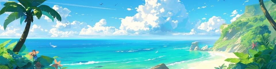 Obraz premium Abstract Wallpaper Featuring a Serene Spring Paradise with Forest Plants, Gentle Breeze, and Sunny Seaside Heaven in Anime Style. AI-Generated Design for Commercial Advertising, End-Season Marketing, 