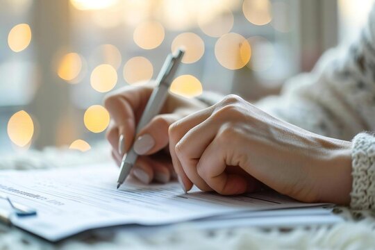 Woman's hand filling out a criminal background check application form with pen.