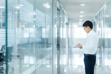 Fototapeta premium Businessman Walking Through Glass Hallway, Discussing Work and Using Tablet Computer.