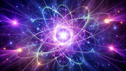 Obraz premium Vibrant purple glow emanates from nucleus of atomic structure, surrounded by swirling electrons in mesmerizing dance of quantum energy.