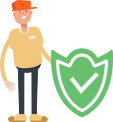 Man Wearing Cap Character and Check Mark Shield

