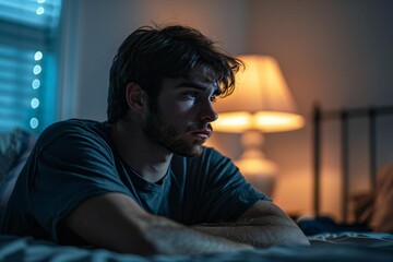 Obraz premium man struggling with sleep paralysis alone in his bedroom, capturing the eerie and haunting sensation of being trapped between wakefulness and dreaming.