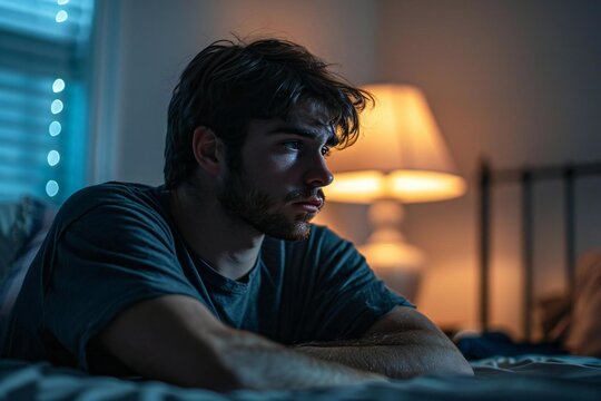 man struggling with sleep paralysis alone in his bedroom, capturing the eerie and haunting sensation of being trapped between wakefulness and dreaming.