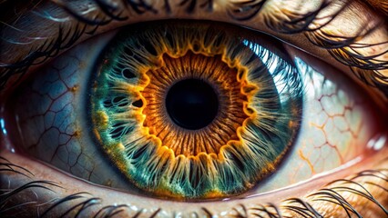 Macro photography of a human eye's microscopic structure, showcasing intricate iris patterns, and focused on the retina's delicate biology layers.
