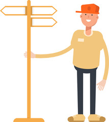 Man Wearing Cap Character and Signpost
