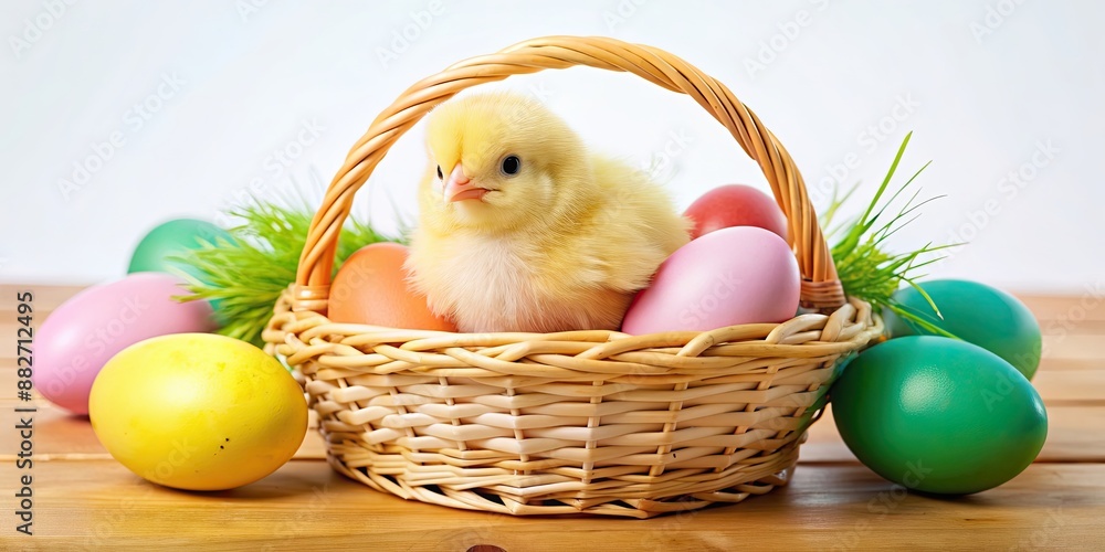 Poster Easter chicken and eggs in a colorful basket , Easter, chicken, eggs, spring, holiday, celebration, decoration, tradition, basket