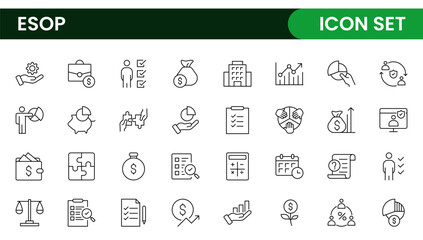 Outline icons about ESOP employee stock ownership plan. Contains such icons as company, win-win, scheme and benefits.