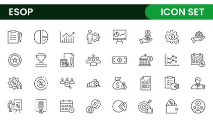 Outline icons about ESOP employee stock ownership plan. Contains such icons as company, win-win, scheme and benefits.