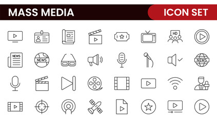 Mass media outline vector icons large set isolated on white background. media business concept. Media outline icons set.