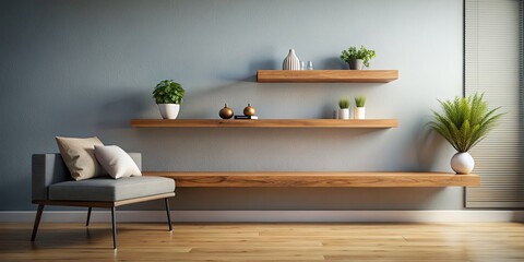 Contemporary living room with wood floating shelf as focal point for decor , home decor, interior design, modern