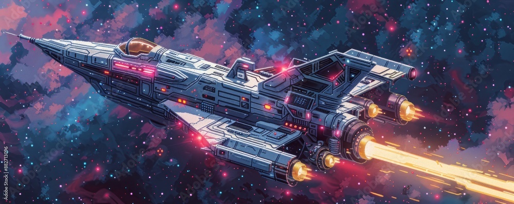 Poster a pixel art rendition of a futuristic spaceship soaring through the pixelated stars.