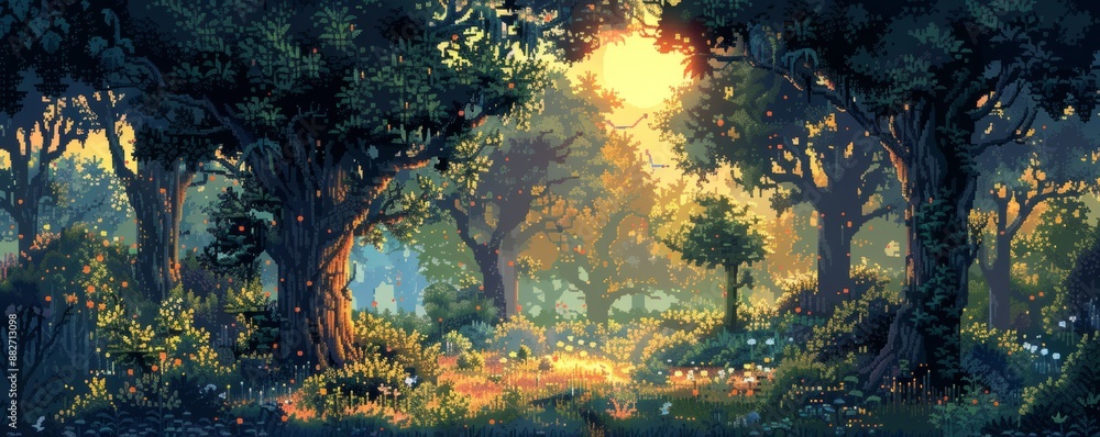 Poster a pixel art rendition of a pixelated forest teeming with pixelated wildlife, their pixelated forms e