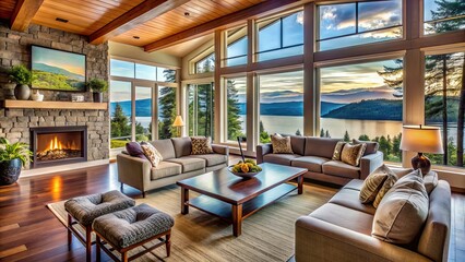 Fototapeta premium Cozy living room with a panoramic view of the lake, scenic, sofa, window, interior, tranquil, relaxation, comfortable