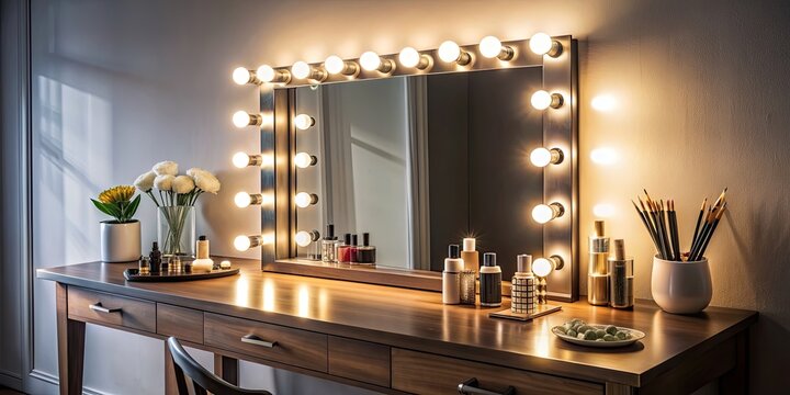 Elegant vanity table with glowing bulbs around mirror and makeup artist's tools, vanity, table, mirror, glowing bulbs