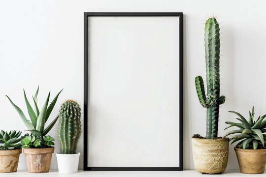 Photo of A black frame mockup with cacti and succulents on white background, empty blank poster template.
