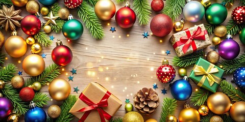 Festive Christmas background with a variety of colorful baubles and gifts decoration , Christmas, background, baubles, gifts