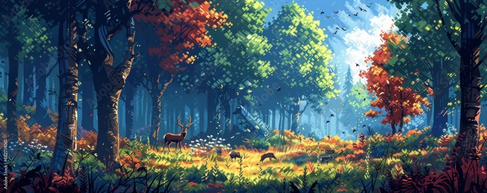 Poster pixelated forest teeming with pixelated wildlife exploring pixelated trees