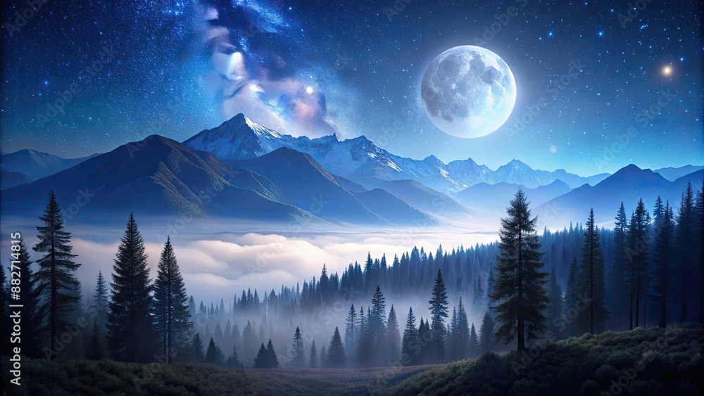 Canvas Prints Landscape featuring a serene moonlit night sky over mountains and trees, moon, landscape, night, sky, mountains, trees, serene