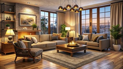Cozy living room interior with comfortable furniture and warm lighting, cozy, living room, interior, furniture, comfort, home