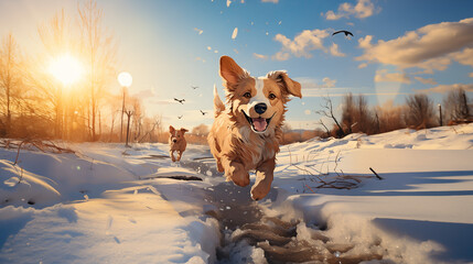 A Dog Playing In The Snow With A Sunny Backdrop