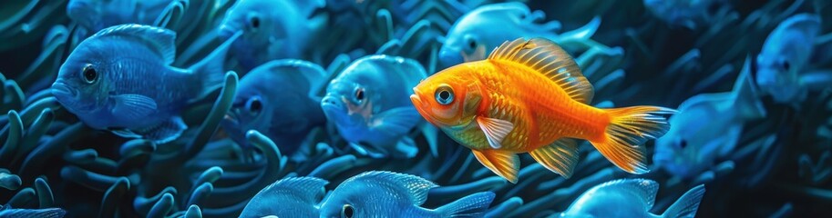 Fototapeta premium Vibrant orange fish stands out among blue fish with the words 'Being different is your super power.' Inspirational message.