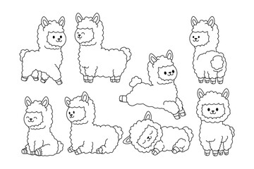Set of alpaca doodle collection, alpaca outline coloring page or book animals for kindergarten, Vector line art set of animals wildlife, Hand drawn, Minimal alpaca line art doodle in different pose.