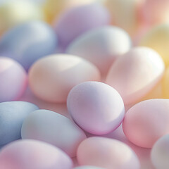 A close-up of pastel-colored candy eggs