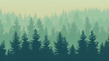 Obraz premium Misty evergreen forest landscape with dense coniferous trees in the wilderness