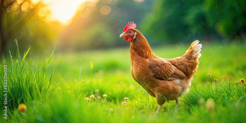 Wall mural free-range chicken grazing in a lush green pasture, free range, chicken, pasture, farm, poultry, org