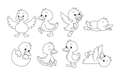 Set of duck doodle collection, duck outline coloring page or book animals for kindergarten, Vector line art set of animals wildlife, Hand drawn, Minimal duck line art doodle in different pose.