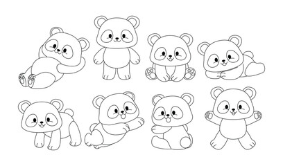 Set of panda doodle collection, panda outline coloring page or book animals for kindergarten, Vector line art set of animals wildlife, Hand drawn, Minimal panda line art doodle in different pose. © vesvocrea