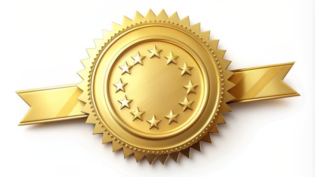 Gold seal stamp with certificate ribbon and stars on white background, symbolizing excellence, quality, and official approval guaranteed.