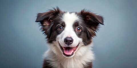 Fototapeta premium Fluffy border collie puppy staring at the camera with an adorable grin , border collie, dog, puppy, fluffy, isolated, staring