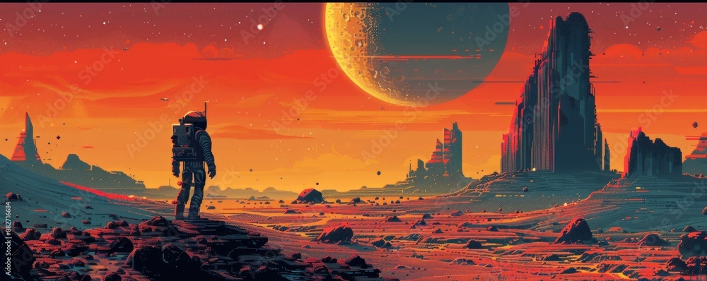 Poster a pixel art rendition of a retro-futuristic robot exploring a desolate planet, its pixelated form co
