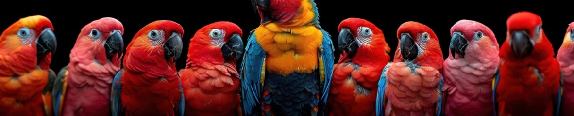 Fototapeta premium Colorful parrot stands out among black and white birds, with the quote Being different is your super power.