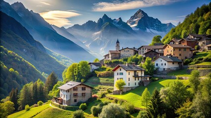 Fototapeta premium Minimalist mountain village nestled in a serene landscape , cultural, tapestry, architecture, scenic, serene