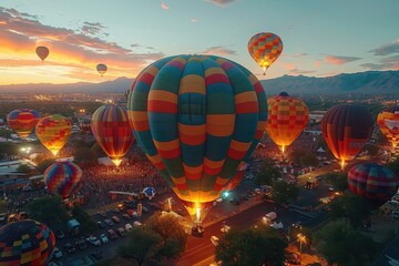 Obraz premium A photorealistic image of a breathtaking hot air balloon festival, filled with vibrant colors and light.