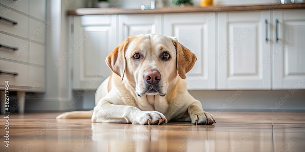 Poster Labrador dog lying on kitchen floor, Labrador, dog, cute, kitchen, flooring, tiles, domestic, pet, adorable, resting