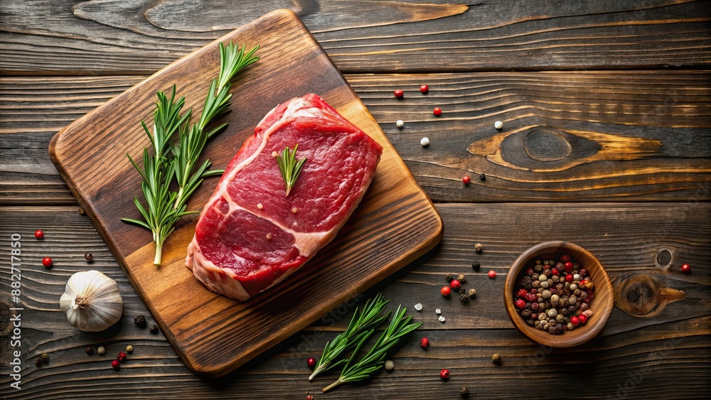 Poster Raw meat on a cutting board ready to be prepared , butcher, cooking, protein, steak, red meat, kitchen, preparation, cuisine