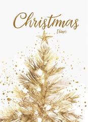 Watercolor Gold Christmas Fir Tree Illustration with text "Christmas time" Isolated on white Background.
