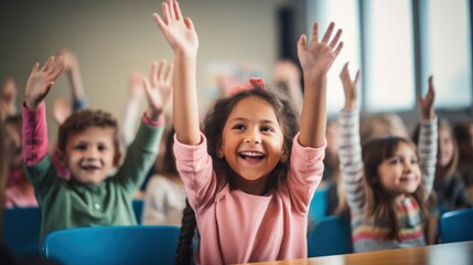 Fototapeta premium elementary school student happy smile and raise your hand to answer in a primary school classroom