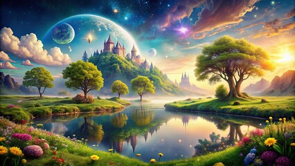 Magical landscape with parallax effects creating a sense of wonder, enchanted, fantasy, mystical, ethereal, magical