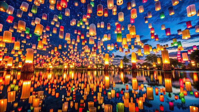 Colorful floating lanterns lighting up the night sky at Yi Peng Festival in Thailand, Yi Peng Festival, lanterns, floating