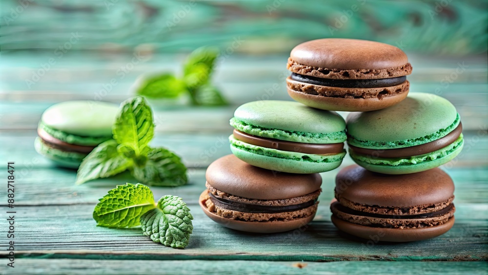 Sticker Delicious French mint and chocolate macarons, a sweet treat perfect for any occasion, macarons, mint, chocolate, French