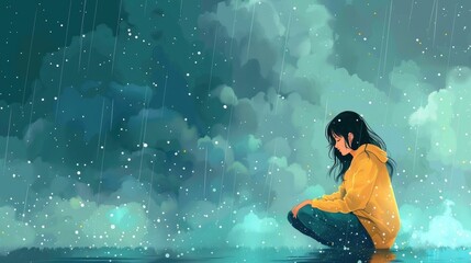 Fototapeta premium Illustration of a woman sitting in the rain, wearing a yellow hoodie, surrounded by dark clouds and raindrops, depicting melancholy.