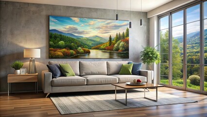 Living room with a view, featuring a stylish sofa and a beautiful painting hanging on the wall , living room, view, sofa