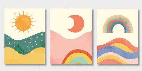 Obraz premium Colorful Posters of Sun, Rainbow, and Mountains