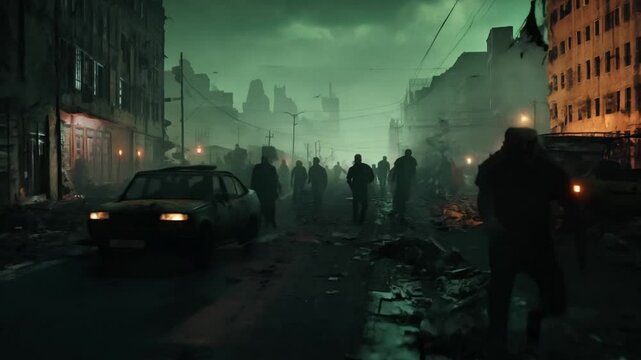 Zombies Walking Through City Streets at Night Generative AI