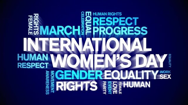 international Women's Day animated word cloud;text design animation tag kinetic typography seamless loop.